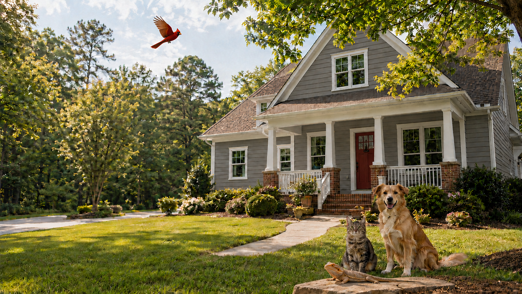 A welcoming gray home surrounded by mature trees
